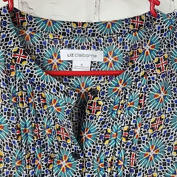 Liz Claiborne Turquoise Floral Sleeveless Shell Work Blouse Crepe Pleated Top SM - Picture 2 of 8